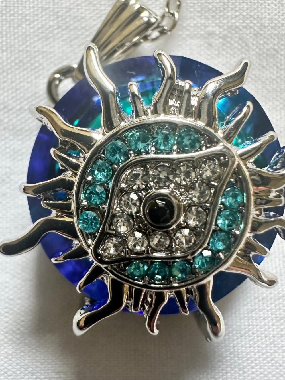 Turkish Blue Evil Eye Round Glass Amulet Necklace Ice Blue 10" Alloy Zinc
